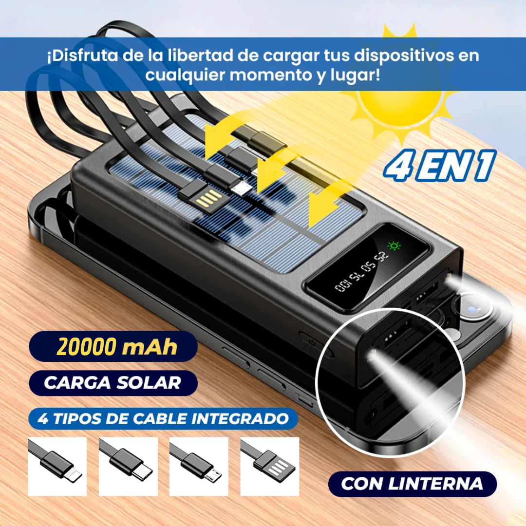 🔋CARGADOR PORTATIL 4 EN 1 CON PANEL SOLAR 20000mAh + LINTERNA🌞